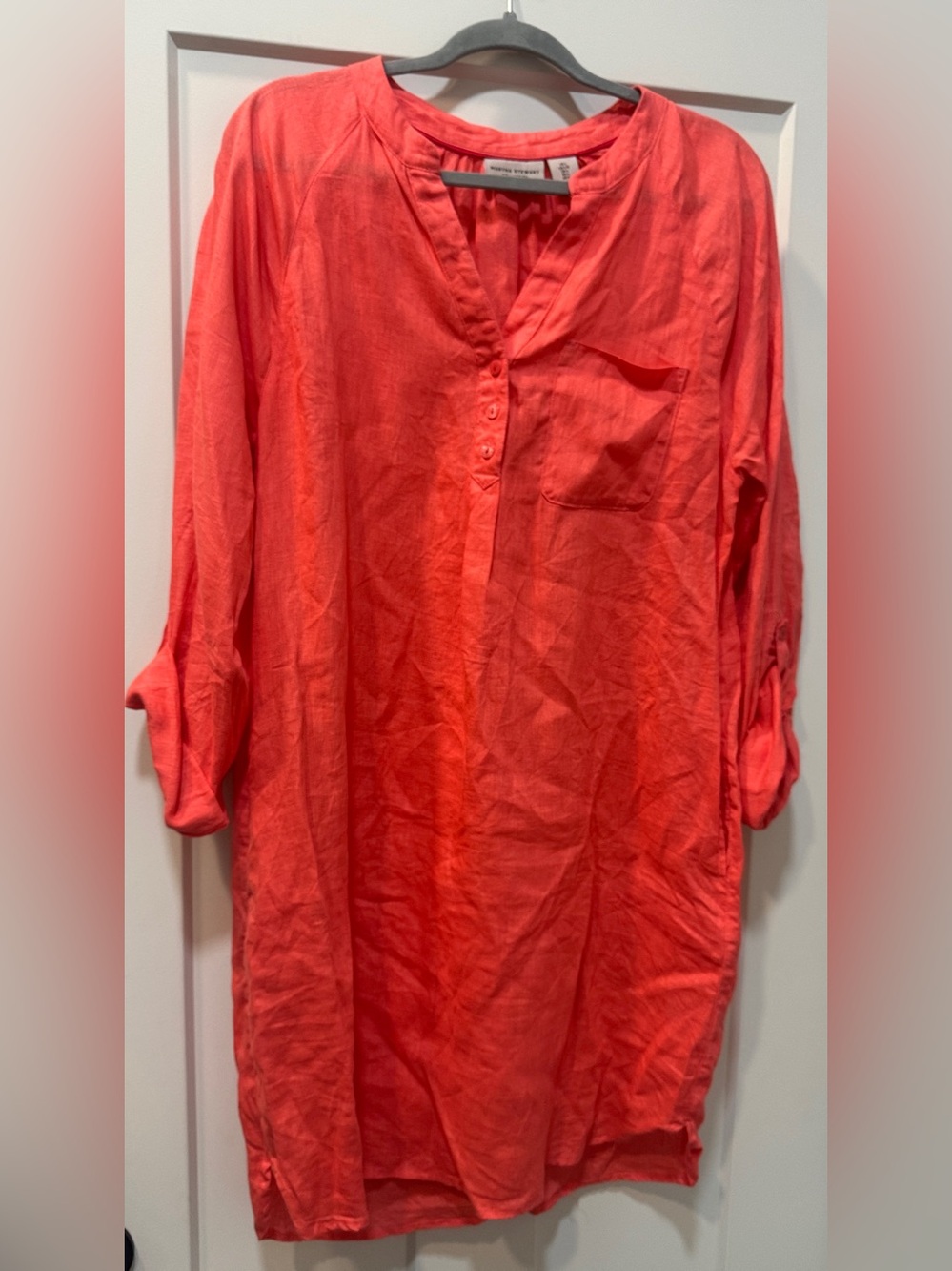 Martha Stewart 100% Linen Coral Roll-Tab Tunic with V-Neck